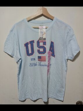 Mighty Fine Light Blue USA Graphic Tee with Flag Patch